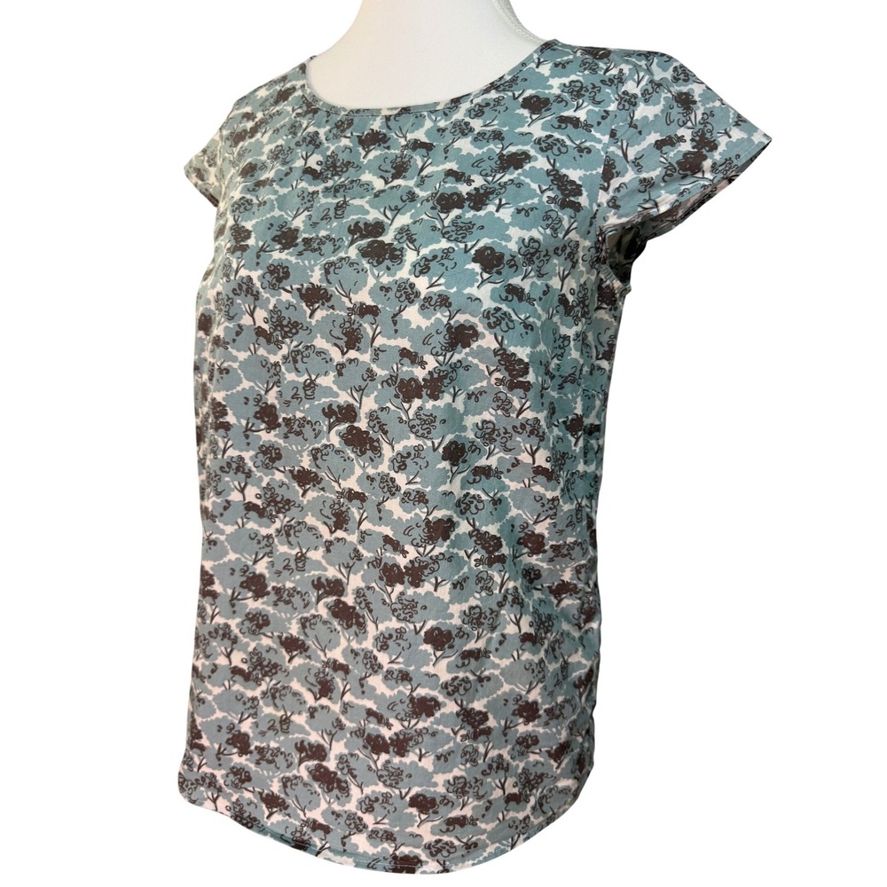 Boden Floral Blouse Women Size 6R Blue Short Sleeve Cotton Keyhole Top BA047‎ - Picture 2 of 8